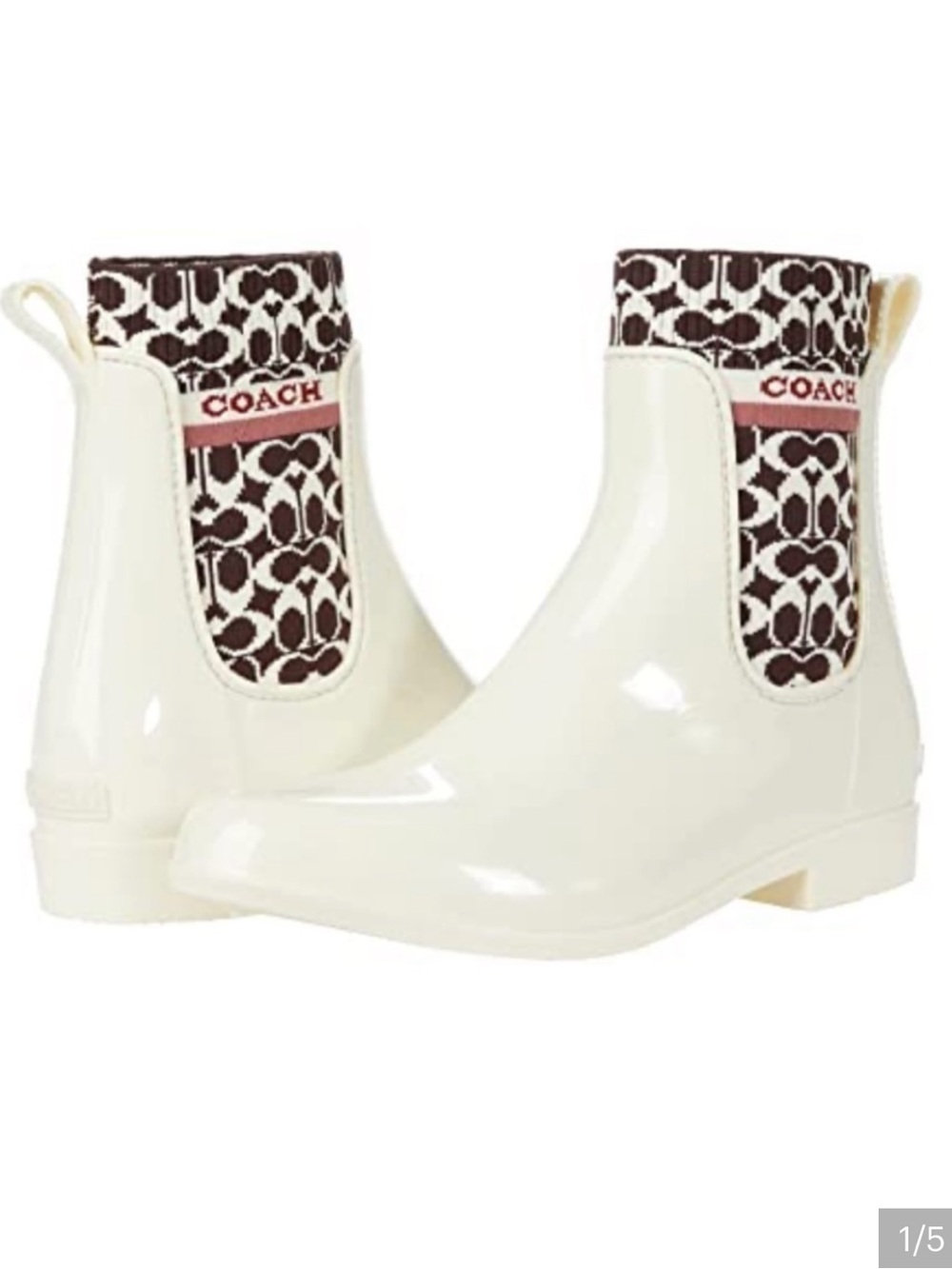 COACH Cream Chelsea Rain Booties with Signature Knit Panel and Red Accent sz 8